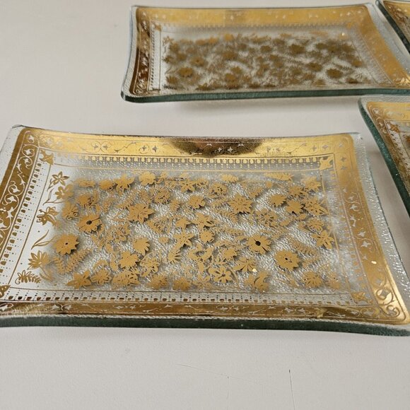 Gold Gilt Floral Glass Appetizer Plate MCM hors d'oeuvres vintage art deco Set 5 - Picture 5 of 15